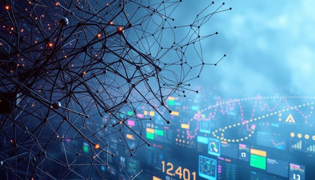 A complex neural network sprawling across the frame, its intricate layers and connections illuminated by a soft, ambient glow. In the foreground, a series of abstract geometric shapes and forms dance and intertwine, representing the fundamental building blocks of deep learning algorithms. The middle ground features a blend of vibrant, colorful visualizations, showcasing the diverse applications of deep learning in fields such as computer vision, natural language processing, and predictive analytics. The background is shrouded in a hazy, dreamlike atmosphere, hinting at the limitless potential of this transformative technology. The overall composition conveys a sense of depth, dynamism, and the seamless integration of artificial intelligence into our digital landscape.
