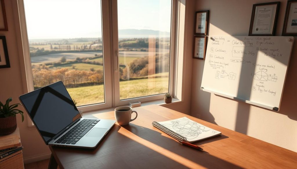 A cozy home office with a large window overlooking a tranquil countryside landscape. On the desk, a sleek laptop and a cup of coffee sit next to a sketchpad filled with scribbles and diagrams. A whiteboard on the wall displays flowcharts and equations, hinting at the creative process of crafting an AI project. The room is bathed in warm, natural light, creating a serene and focused atmosphere. The walls are adorned with framed certificates and awards, reflecting the user's expertise and passion for AI development. This inviting workspace encourages deep thought and innovation as the user embarks on their AI creation journey.
