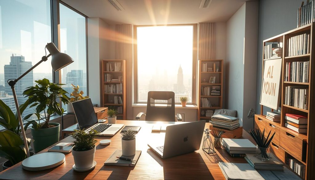 A cozy office setting with a large desk, a laptop, and a variety of office supplies. In the foreground, a potted plant and a stylish desk lamp provide a touch of warmth. The middle ground features a comfortable office chair and a bookshelf filled with AI-related books. The background showcases a large window overlooking a cityscape, with the sun streaming in and casting a soft, natural light across the room. The overall atmosphere conveys a sense of learning, exploration, and the beginnings of an AI journey.