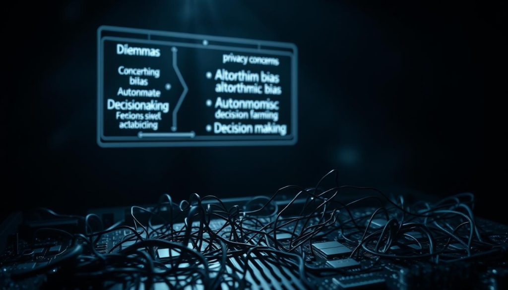 A dimly lit, contemplative scene of ethical challenges in artificial intelligence. In the foreground, a complex circuit board with tangled wires representing the intricate web of AI systems. In the middle ground, a holographic display projects a series of dilemmas - privacy concerns, algorithmic bias, autonomous decision-making. The background is shrouded in shadows, hinting at the unknown consequences and unintended impacts of advanced AI. The lighting is dramatic, creating a sense of weight and gravity. The overall mood is one of thoughtful exploration, inviting the viewer to ponder the profound ethical questions surrounding the rise of artificial intelligence.