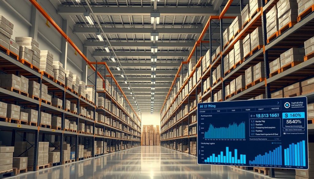 A modern, minimalist warehouse interior with sleek, high-tech inventory management systems. Rows of neatly organized shelves and racks, with robotic arms and AI-powered tracking devices monitoring stock levels. Soft, diffused lighting illuminates the clean, organized space, creating a sense of efficiency and control. In the foreground, a digital dashboard displays real-time analytics and predictive logistics data, providing a comprehensive overview of the supply chain. The overall atmosphere conveys a seamless, automated approach to inventory management, reflecting the intelligent solutions enabled by AI in the e-commerce industry.
