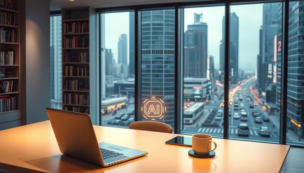 A modern office interior with a large window overlooking a bustling city skyline. In the foreground, a sleek, minimalist desk with a laptop, a tablet, and a cup of coffee. On the desk, a stylized AI icon glows softly, symbolizing the integration of artificial intelligence into everyday life. The middle ground features a bookshelf filled with volumes on computer science, machine learning, and robotics. Warm, diffused lighting fills the room, creating a contemplative and productive atmosphere. In the background, the city streets teem with activity, representing the practical applications of AI in the urban landscape. The overall scene conveys a sense of innovation, exploration, and the seamless blending of technology and human experience.