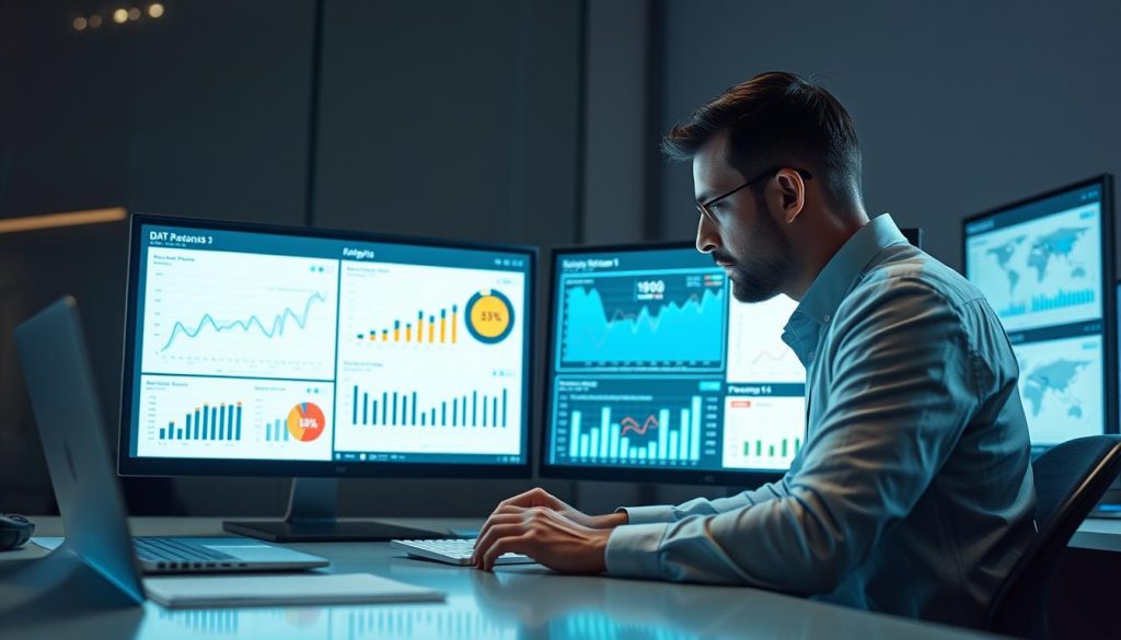 A professional data analysis scene with a strategic focus on e-commerce insights. A thoughtful analyst examining charts, graphs, and dashboards displayed on a sleek, modern workstation. Diffused, directional lighting illuminates the scene, creating depth and emphasizing the intricate visual information. The atmosphere is one of focused concentration and data-driven decision-making, conveying the strategic importance of the analysis. The image should be clean, uncluttered, and devoid of any text or labels, allowing the visual elements to speak for themselves.