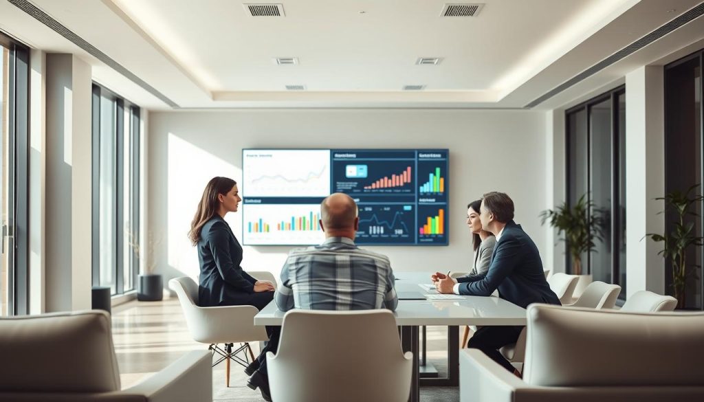 A serene, well-lit office interior with sleek, modern furniture and clean lines. In the foreground, a team of professional-looking business people discuss intently around a table, their expressions focused and engaged. Behind them, a large screen displays a visualization of an AI system's data analysis, colorful graphs and charts illuminating insights. The overall atmosphere conveys a sense of successful collaboration and effective implementation of AI solutions for e-commerce challenges. The lighting is soft and natural, with floor-to-ceiling windows allowing ample daylight to fill the space.