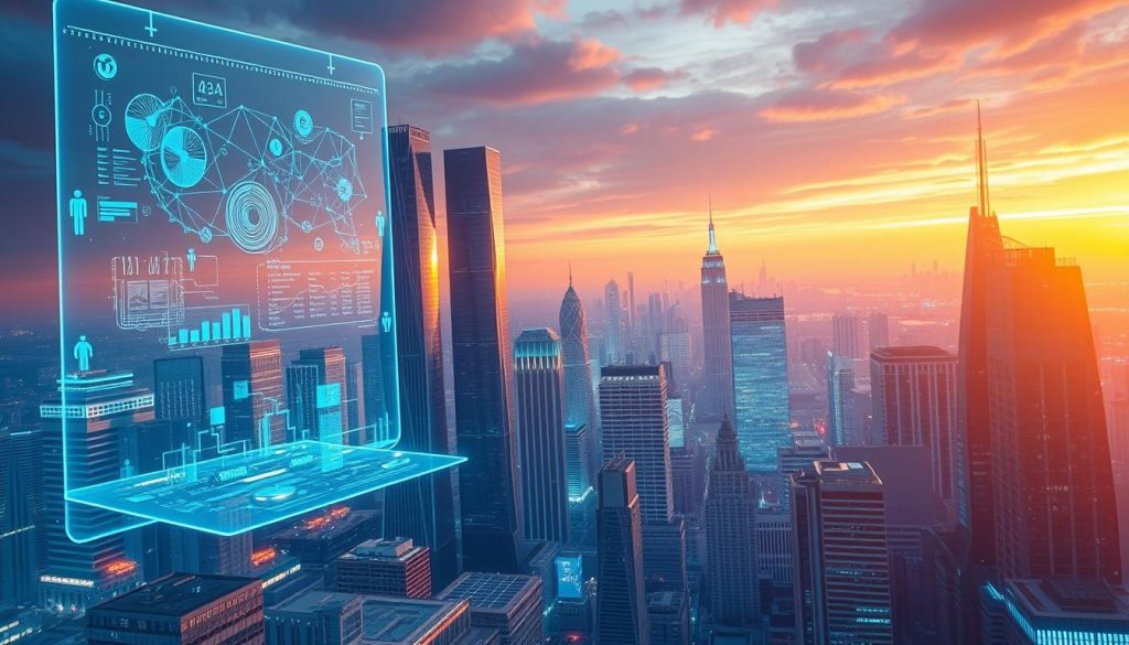 A sleek, futuristic cityscape bathed in a warm, ambient glow. In the foreground, a holographic interface hovers, displaying intricate data visualizations and AI-powered simulations. The middle ground features towering skyscrapers with clean, minimalist designs, hinting at the integration of advanced technology. In the background, a vibrant skyline stretches out, with hovering vehicles and sleek, streamlined architecture that reflects the cutting-edge innovations shaping the future of this AI-powered metropolis. The scene conveys a sense of progress, innovation, and the boundless potential of artificial intelligence to transform and reshape our urban landscapes.