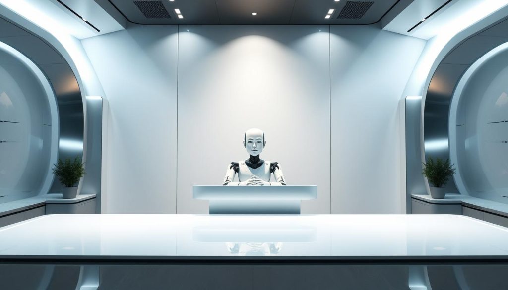 A sleek, futuristic service desk manned by an advanced AI assistant, framed by smooth metallic accents and minimalist design. The agent's digital avatar stands ready, its calm, friendly expression conveying a sense of effortless competence. Soft, diffused lighting illuminates the scene, creating a serene, high-tech ambiance. The desk's surface is a seamless expanse of gleaming glass or polished composite, projecting an air of professionalism and sophistication. The overall scene conveys a sense of efficient, automated customer service tailored to the needs of a discerning B2B audience.