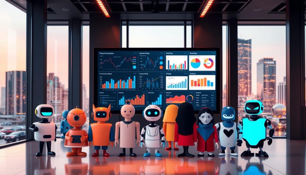 A sleek, modern office setting with a focus on the various AI agents used in e-commerce. In the foreground, a team of stylized AI assistant avatars in various colors and forms, representing the different types of AI agents such as chatbots, product recommenders, and virtual shopping assistants. In the middle ground, a large touchscreen display showcases real-time analytics and data visualizations related to e-commerce trends and customer behavior. The background features floor-to-ceiling windows overlooking a cityscape, bathed in warm, ambient lighting that creates a professional, high-tech atmosphere. The overall scene conveys the power and versatility of AI-driven solutions in the e-commerce industry.