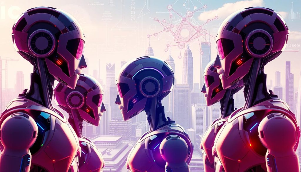 A vibrant and insightful illustration of the various types of artificial intelligence. In the foreground, sleek humanoid robots of different designs represent the spectrum of AI, from narrow task-focused systems to general-purpose, adaptable intelligences. In the middle ground, abstract data visualizations and neural network diagrams depict the underlying computational models and algorithms that power these AIs. The background features a cityscape of futuristic skyscrapers and infrastructure, hinting at the real-world applications and integration of these intelligent systems. The lighting is crisp and evocative, creating depth and highlighting the dynamic interplay of these AI archetypes. Captured with a wide-angle lens to convey the grand, expansive scope of this subject matter.